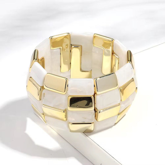 SJ 630 white Marble Spliced Geometric Resin Bead Bracelet - Anti tarnish