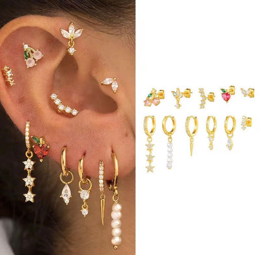 ST 10 - 8 piece Zircon Earring stack stud set - 18k Gold PVD plated stainless steel - Anti tarnish