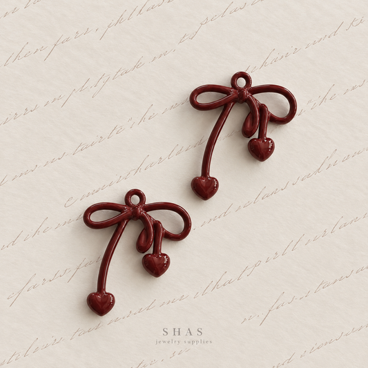 AC05X Heart Bow Burgundy Y2K Charm ( 1 pc ) High Quality Alloy