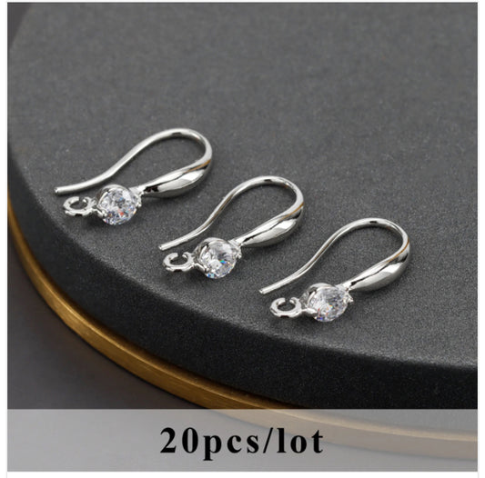 SS 558 Silver plated zircon crystal hook - anti tarnish - per pair