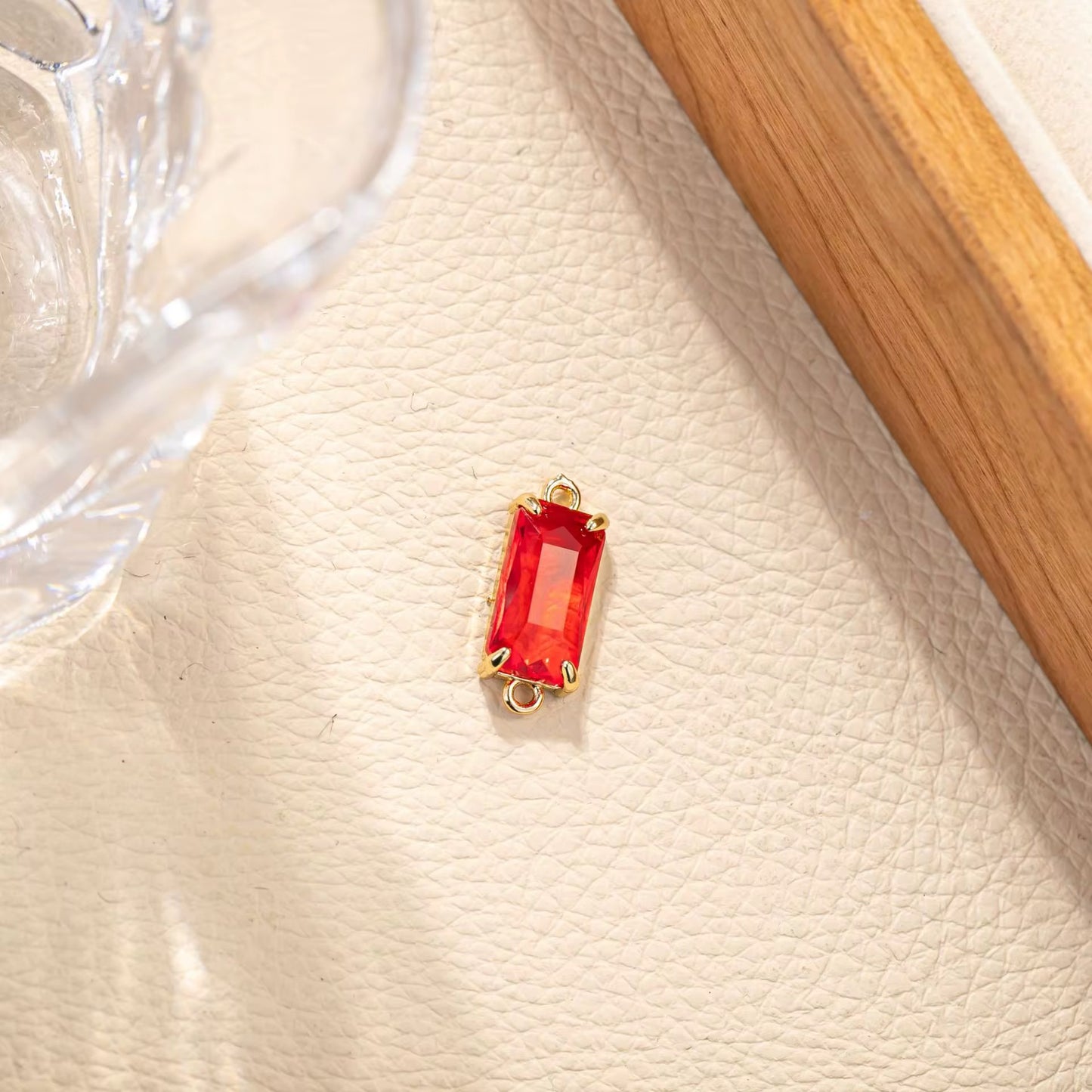 BBB 279 (e) Red Rectangle Connector 14k gold plated Zircon crystal charm ( 1 pc ) Anti tarnish ( 21:8.5 mm )