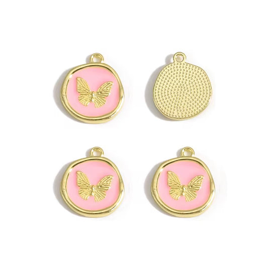 BBB 360 (e) Pink Butterfly Round enamel charm ( 1 pc ) High quality shine