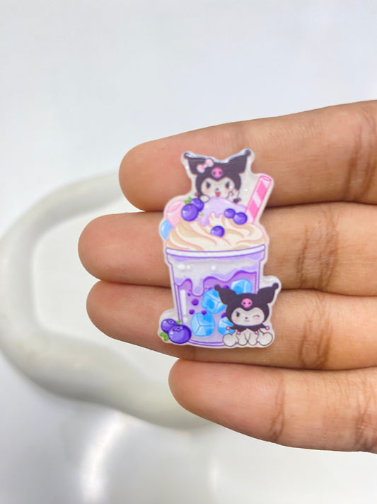 BBB 087 (f) Kuromi with a blueberry boba drink flat acrylic charm ( 1 pc )