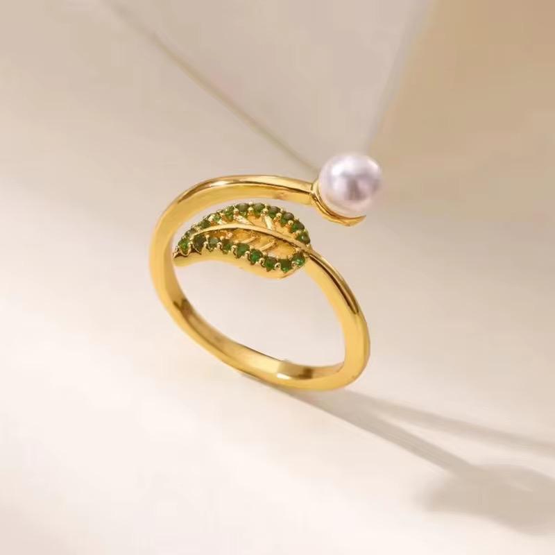 RSJ30A leaf zircon and pearl ring - 18K Gold PVD plated