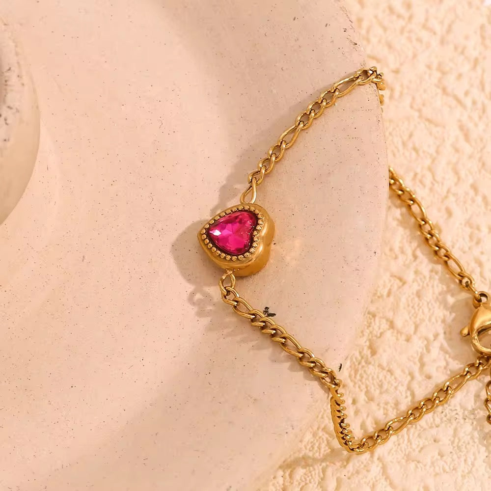 SJ 417 Red Zircon Heart Figaro Bracelet- Premium 18k Gold PVD plated stainless steel - Anti tarnish - Wholesale