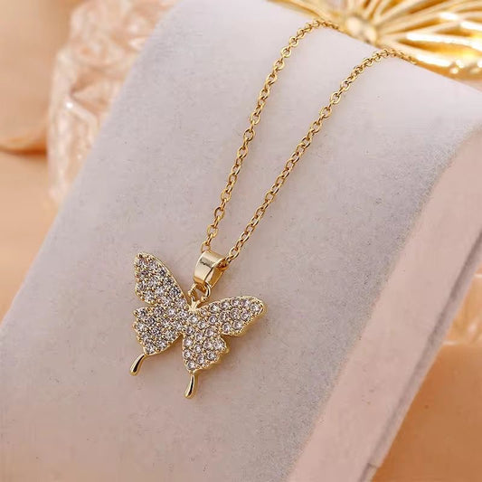 NSJ07B Zircon Butterfly Dainty Necklace - 18k Gold PVD plated 316 stainless steel - Anti tarnish