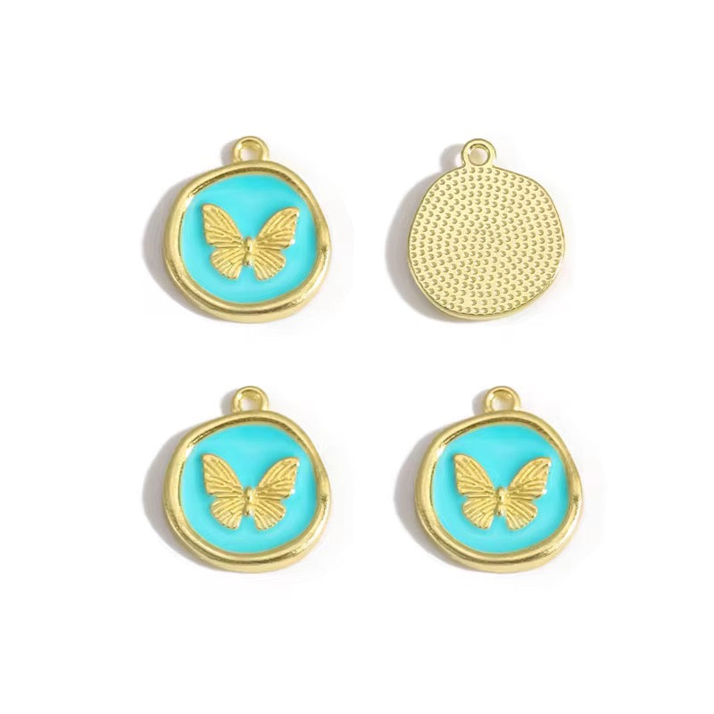BBB 360 (f) Light Blue Butterfly Round enamel charm ( 1 pc ) High quality shine