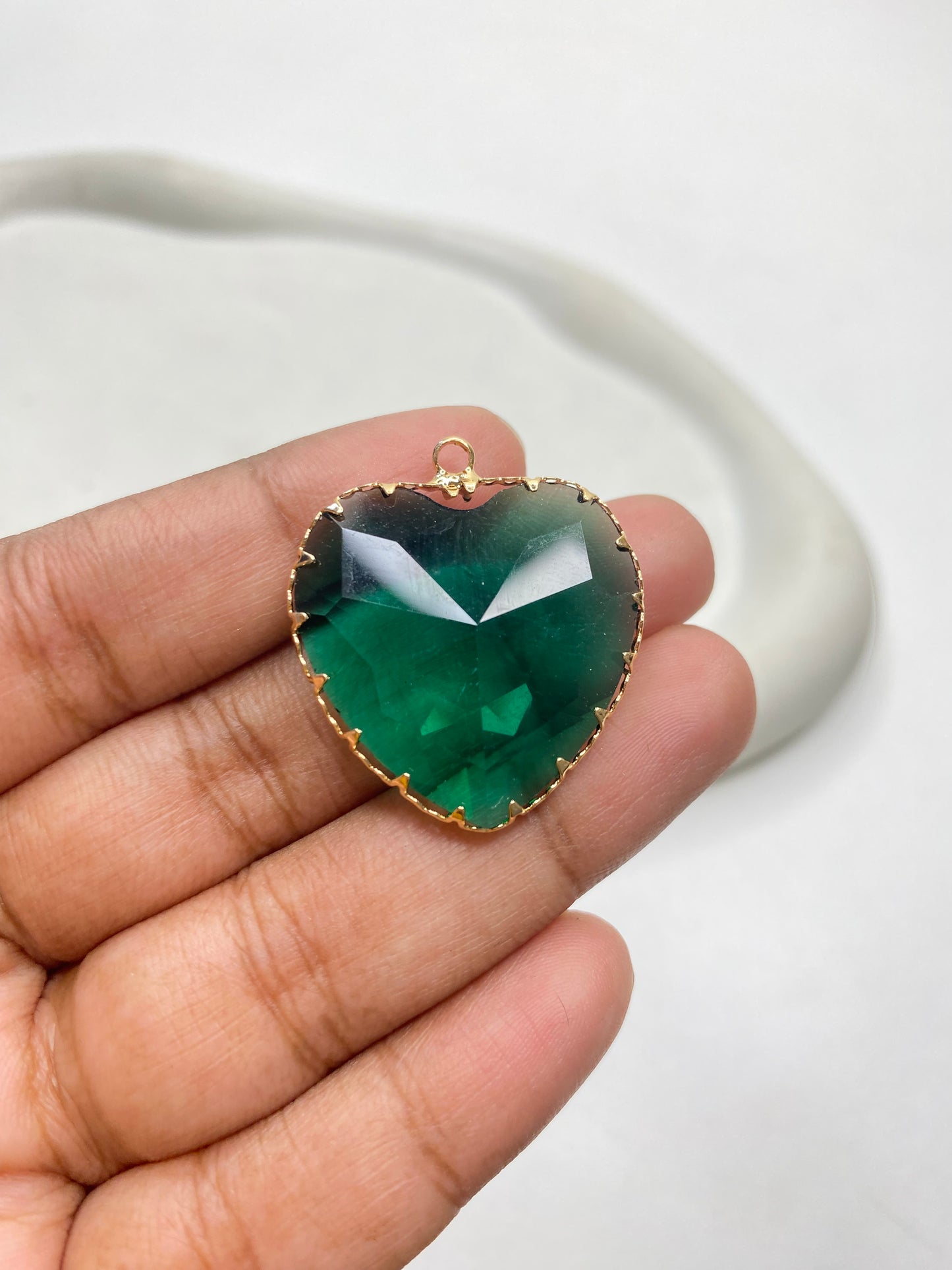 BBB 147 (j) Dark Green big heart crystal 14K gold plated charm ( 1 pc ) Anti tarnish ( 38 mm )