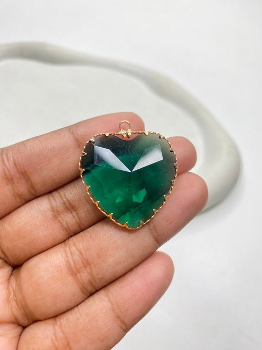 BBB 147 (j) Dark Green big heart crystal 14K gold plated charm ( 1 pc ) Anti tarnish ( 38 mm )