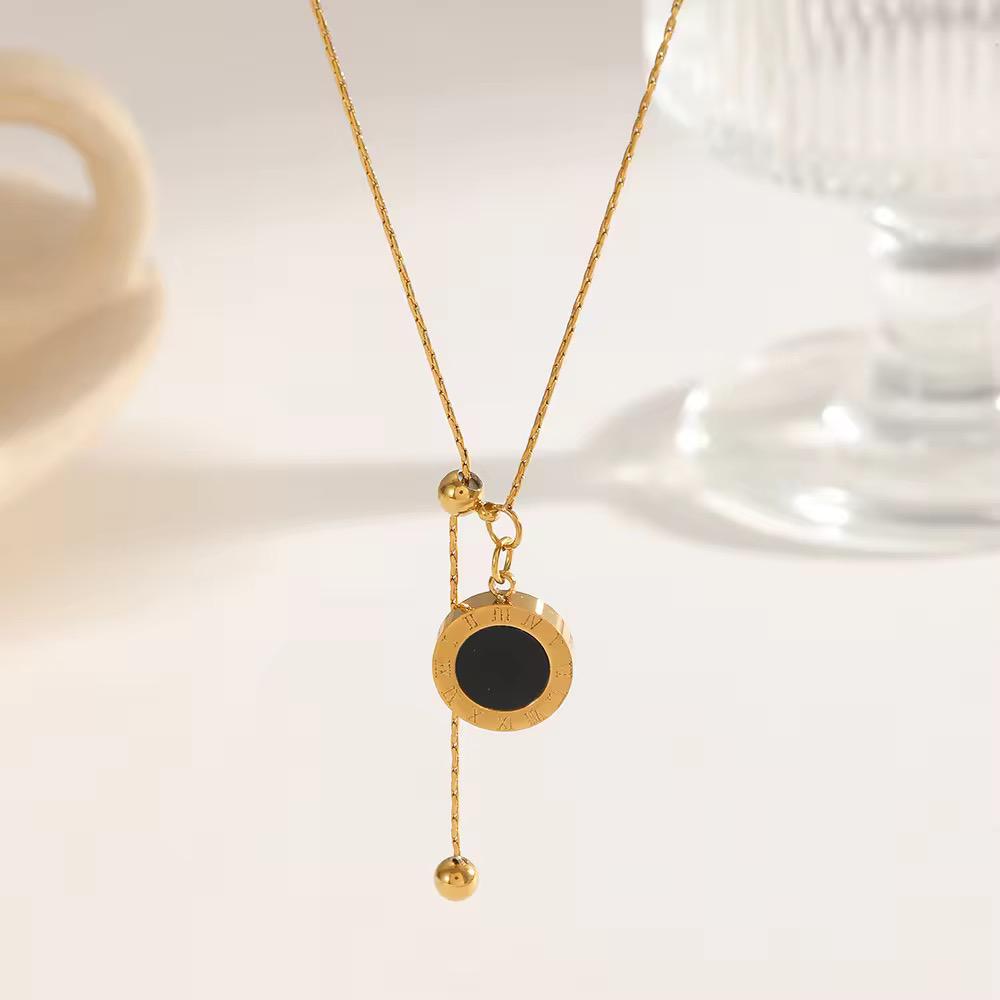 NSJ45F Roman Numeral  Noir Coin Lariat Necklace 18k Gold PVD plated