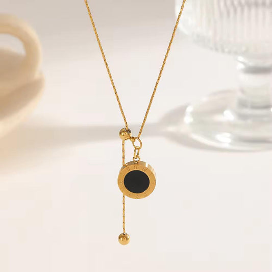 NSJ45F Roman Numeral  Noir Coin Lariat Necklace 18k Gold PVD plated