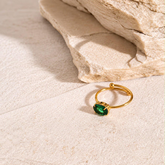RSJ33B Green Zircon Ring -18k Gold PVD plated 316 stainless steel - Anti tarnish