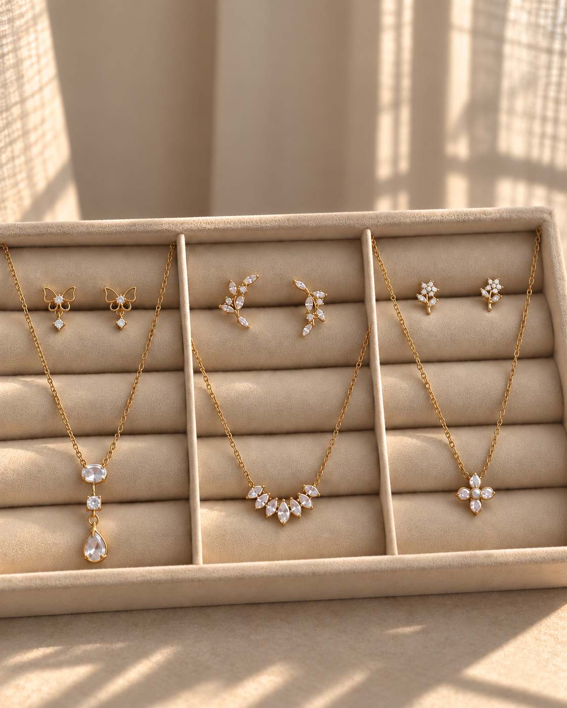SHAS curated jewellery sets arranged in a warm editorial setting