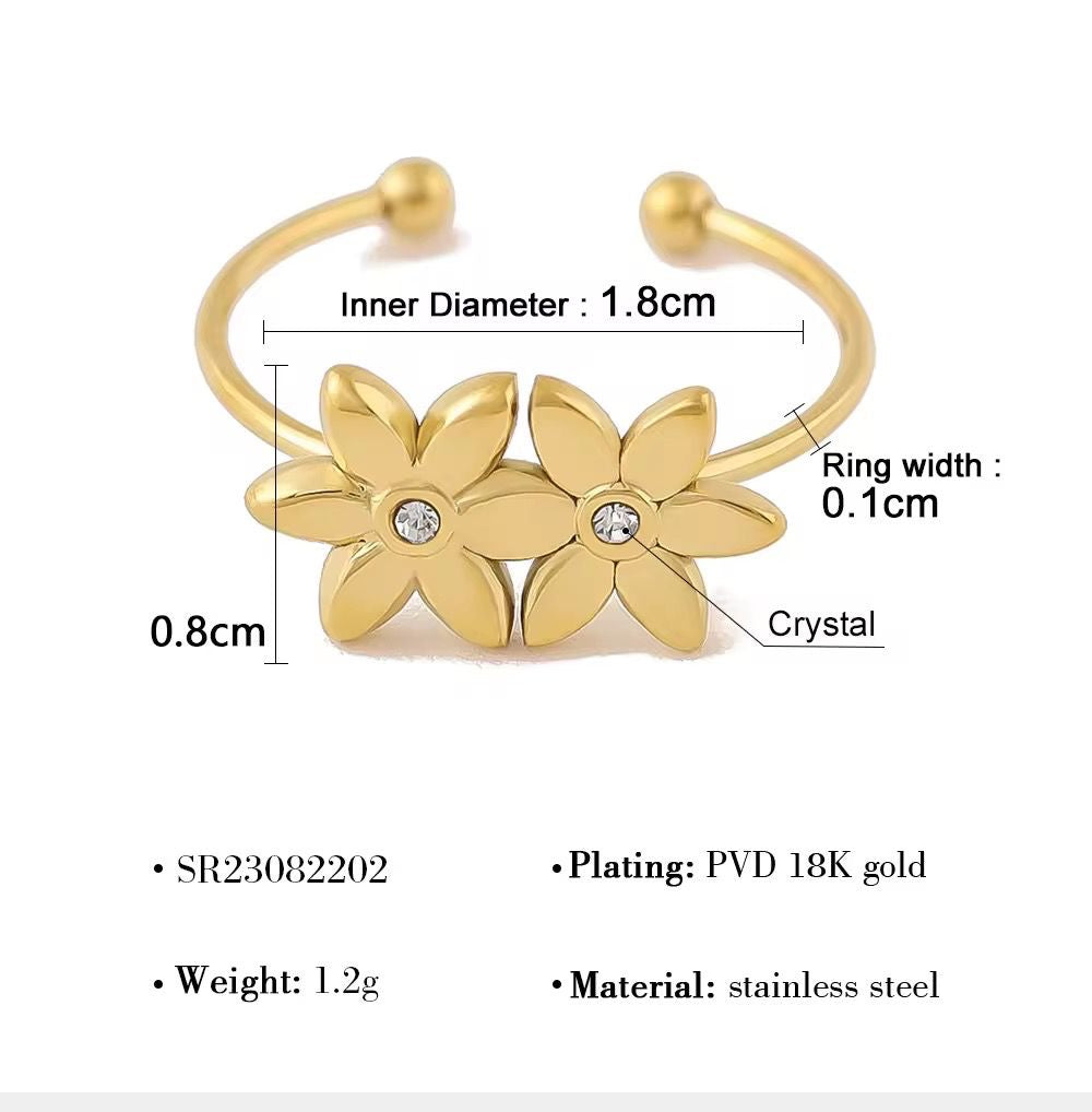 RSJ18G Twin flower Ring - 18k gold PVD plated 316 stainless steel - Anti tarnish