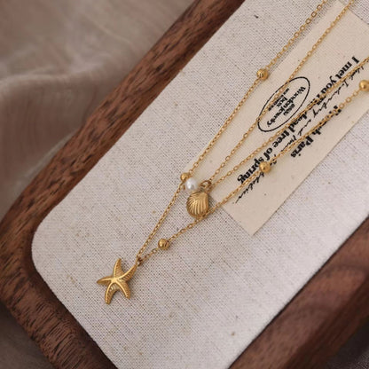 NSJ28E Beach Theme Double layer Necklace - 18k Gold PVD plated 32stainless steel - Anti tarnish