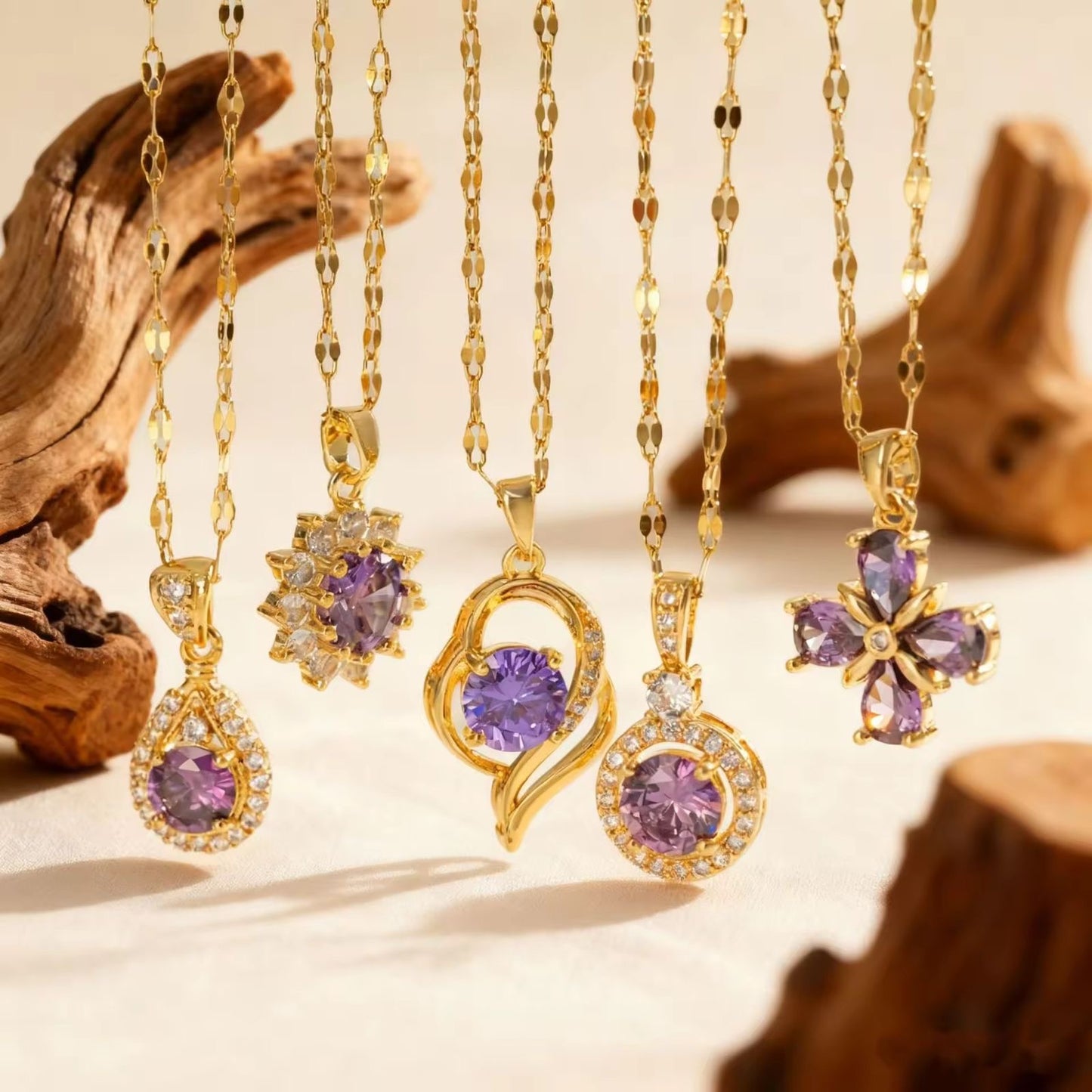 NSJ40A Purple Stone Necklace Stainless steel chain and zircon Copper gold plated pendant