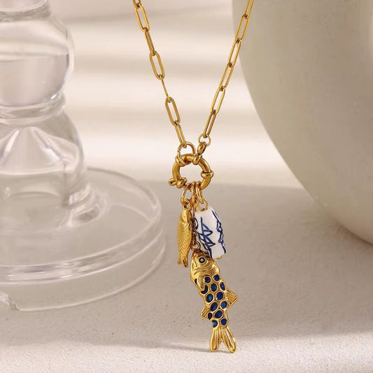 SJ 979 Fish Pendant charms paper clip Modern Necklace - Premium jewellery- 18k Gold PVD plated stainless steel - Anti tarnish