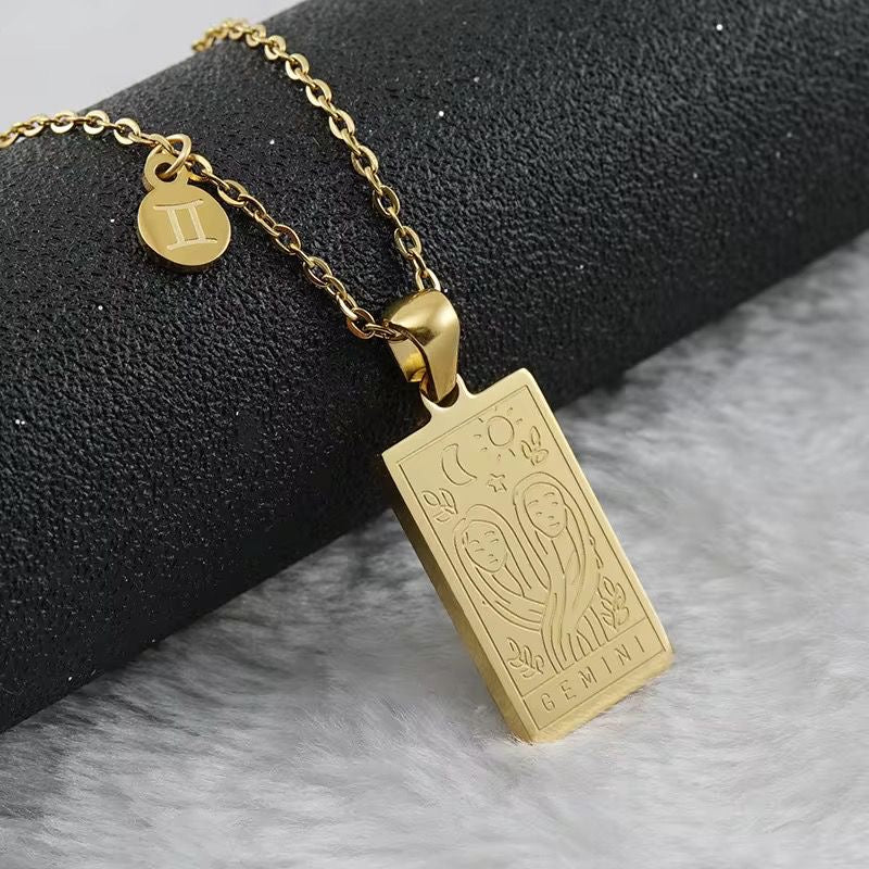 SJ 851 Zodiac Sign Tarot Card Necklace - 18k Gold PVD plated stainless steel - Anti tarnish