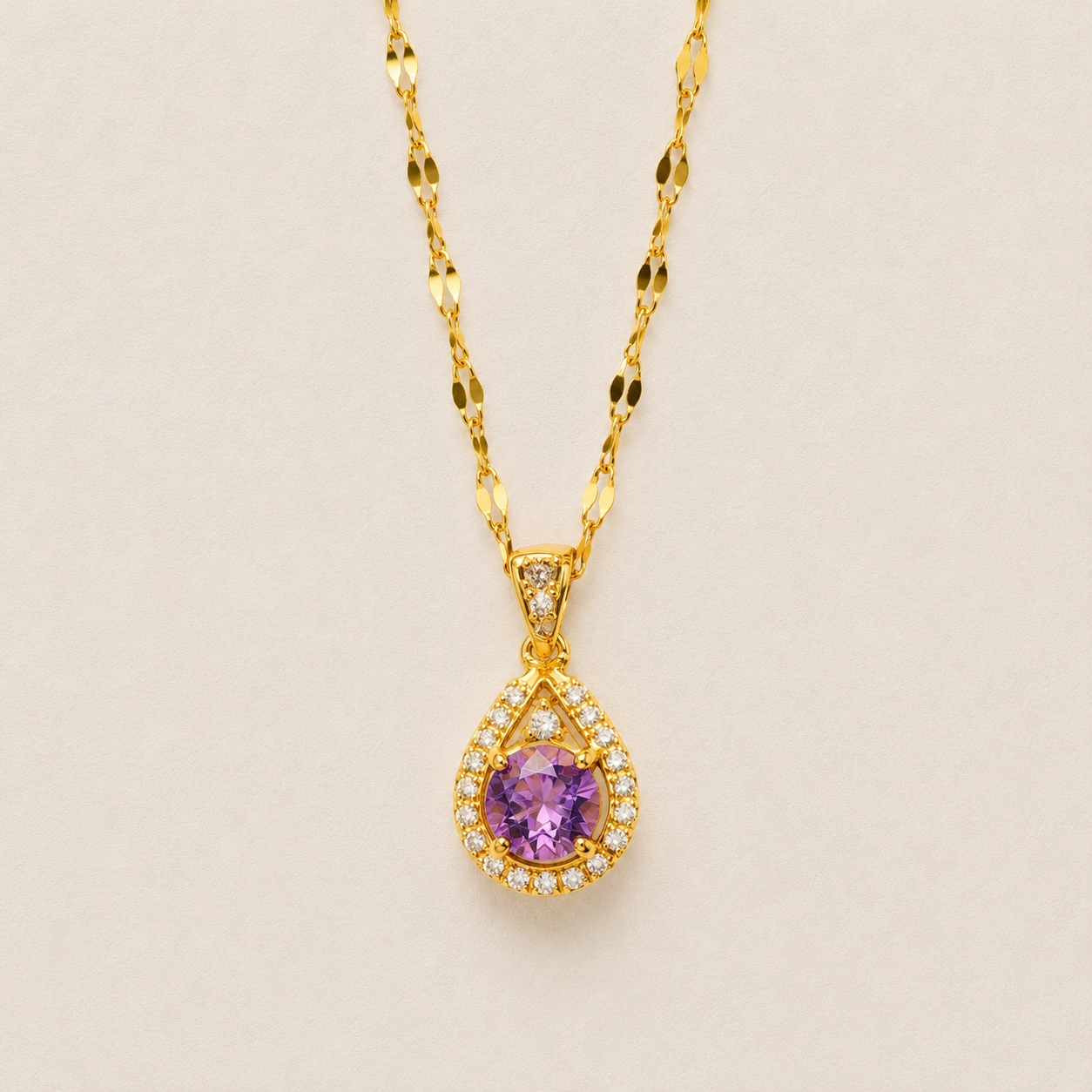 NSJ40B Purple Stone Drop Necklace Stainless steel chain and zircon Copper gold plated pendant