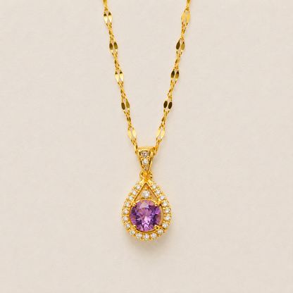 NSJ40B Purple Stone Drop Necklace Stainless steel chain and zircon Copper gold plated pendant