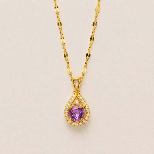 NSJ40B Purple Stone Drop Necklace Stainless steel chain and zircon Copper gold plated pendant