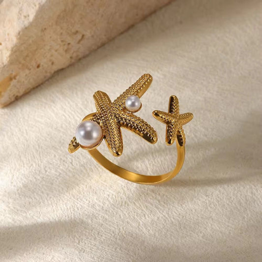 SJ 655 Starfish pearly premium sea theme Ring Adjustable - 18k Gold PVD plated stainless steel - Anti tarnish