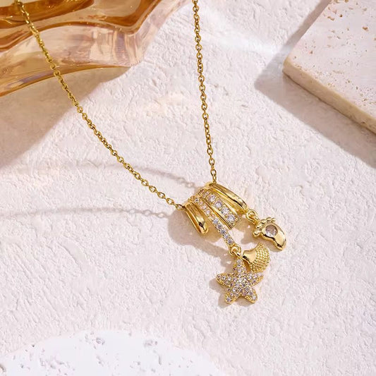 SJ 846 Modern French style charms luxury zircon Necklace - 18k Gold PVD plated stainless steel - Anti tarnish