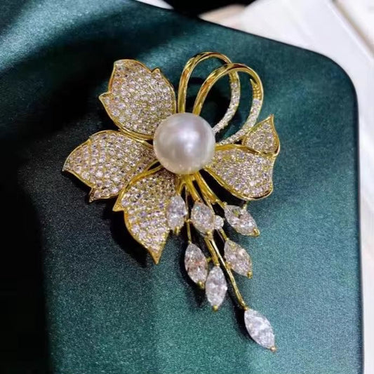 BR 10 Pearly Flower Zircon Brooch pin ( 1 pc ) Tarnish Resistant