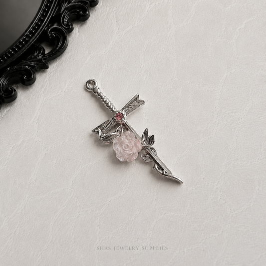 MC02L Cross with Pink Rose Gothic Charm ( 1 pc )