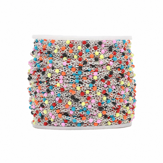 DIYS243 Colourful Enamel Bead Silver chain ( 1 feet ) PVD Plated