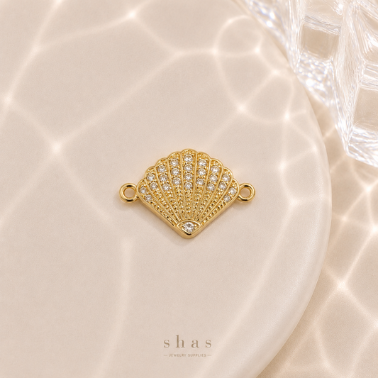 GPC18K Sea Scallop Shell Zircon Connector Charm ( 1 PC ) Premium Plated