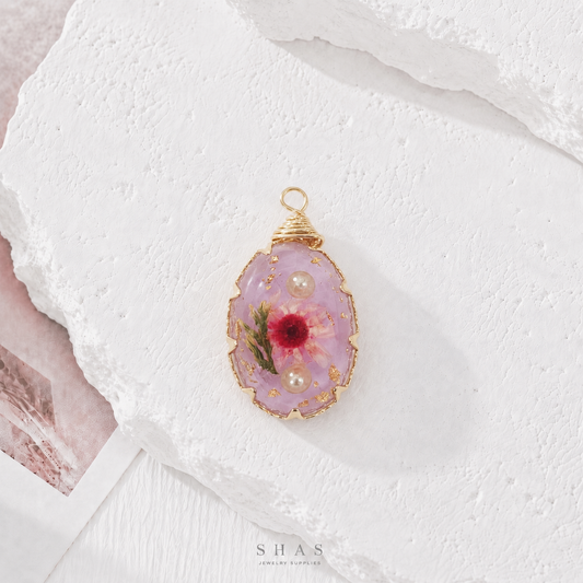 RFC02V Purple Oval Resin Flower Pendant Charm ( 1 pc )