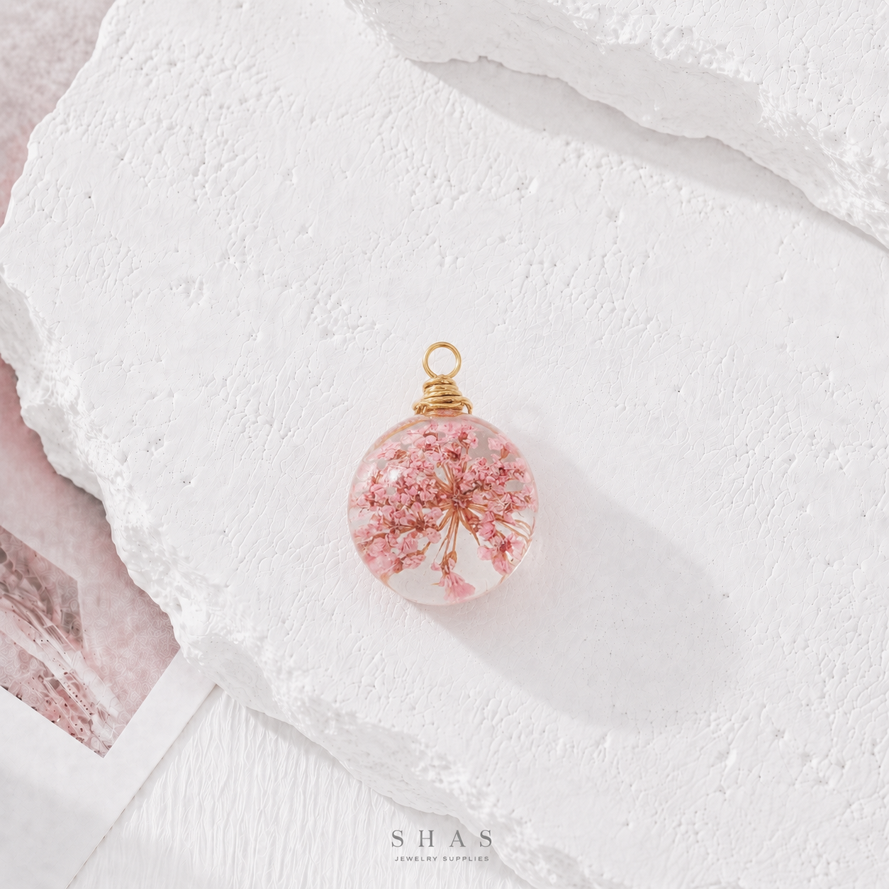 RFC02A Round Pink Resin Flower Pendant Charm ( 1 pc )