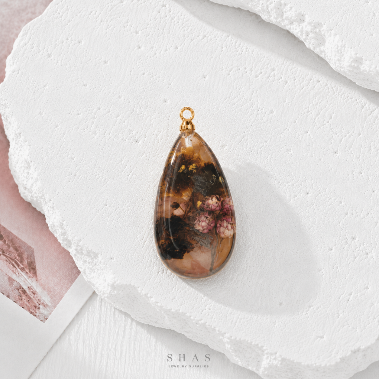 RFC01E Brown Teardrop Resin Flower Pendant Charm ( 1 pc )