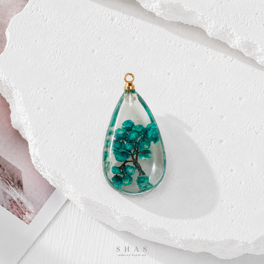 RFC01C Dark Green Teardrop Resin Flower Pendant Charm ( 1 pc )