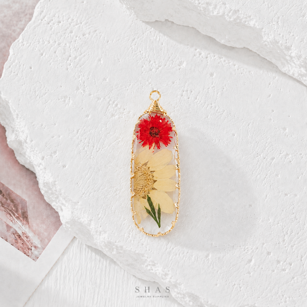 RFC01S Pink Long Resin Flower Pendant Charm ( 1 pc )