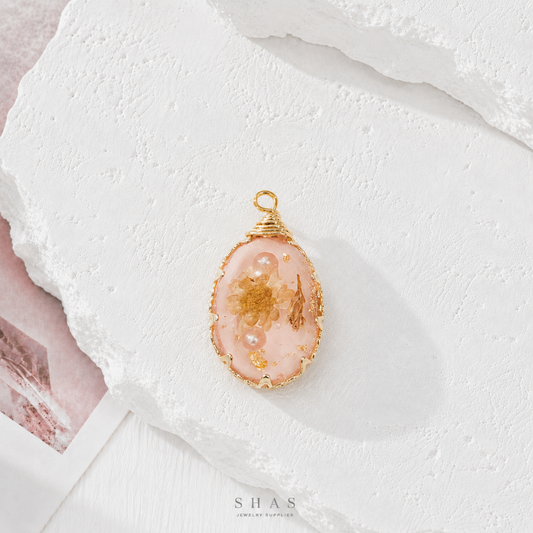 RFC01N Baby Pink Oval Resin Flower Pendant Charm ( 1 pc )