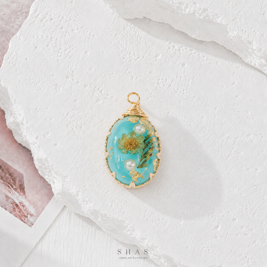 RFC01P Blue Oval Resin Flower Pendant Charm ( 1 pc )