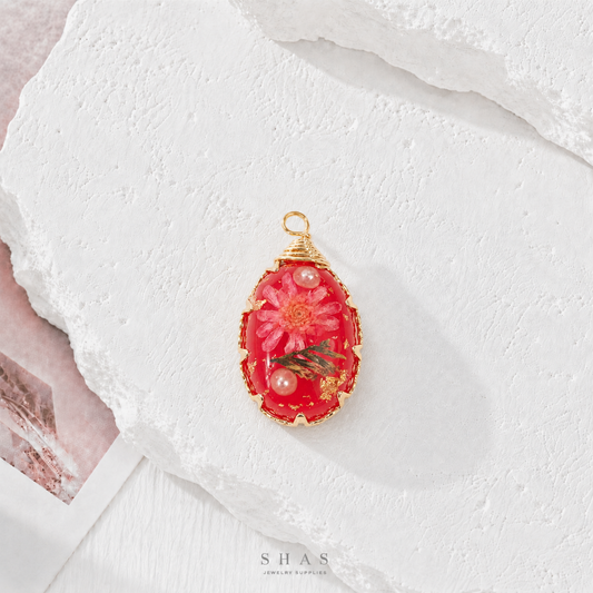 RFC01Q Red Oval Resin Flower Pendant Charm ( 1 pc )