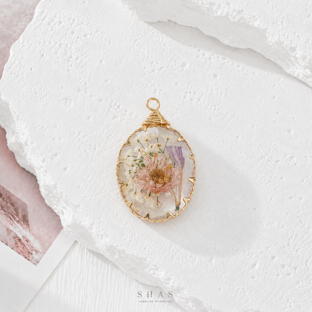 RFC01O Pink White Resin Flower Pendant Charm ( 1 pc )