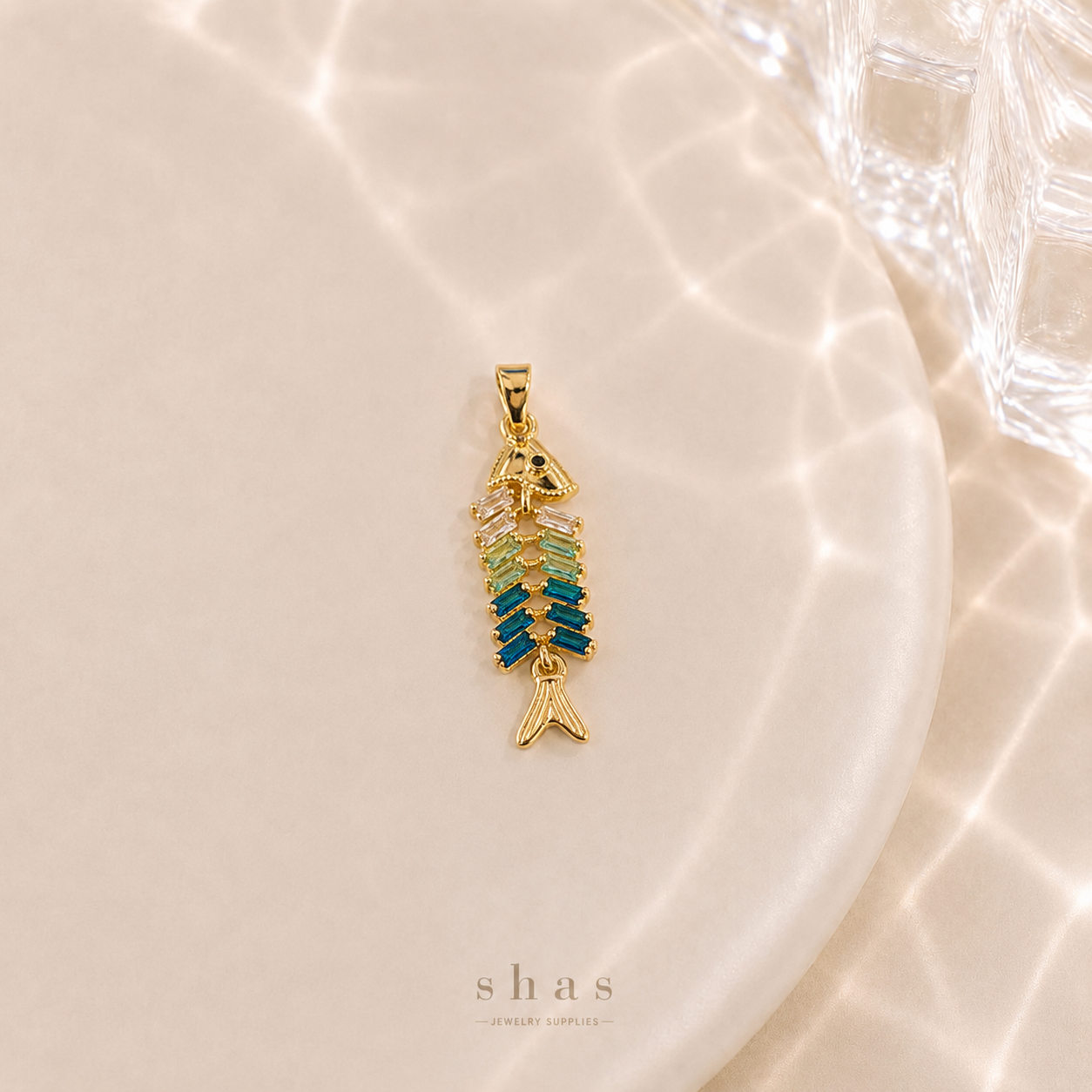 GPC19Q Sea Fishbone Zircon Pendant Charm ( 1 PC ) Premium Plated