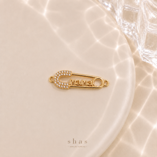 GPC19J Mama Safety Pin Zircon Connector Charm ( 1 PC ) Premium Plated