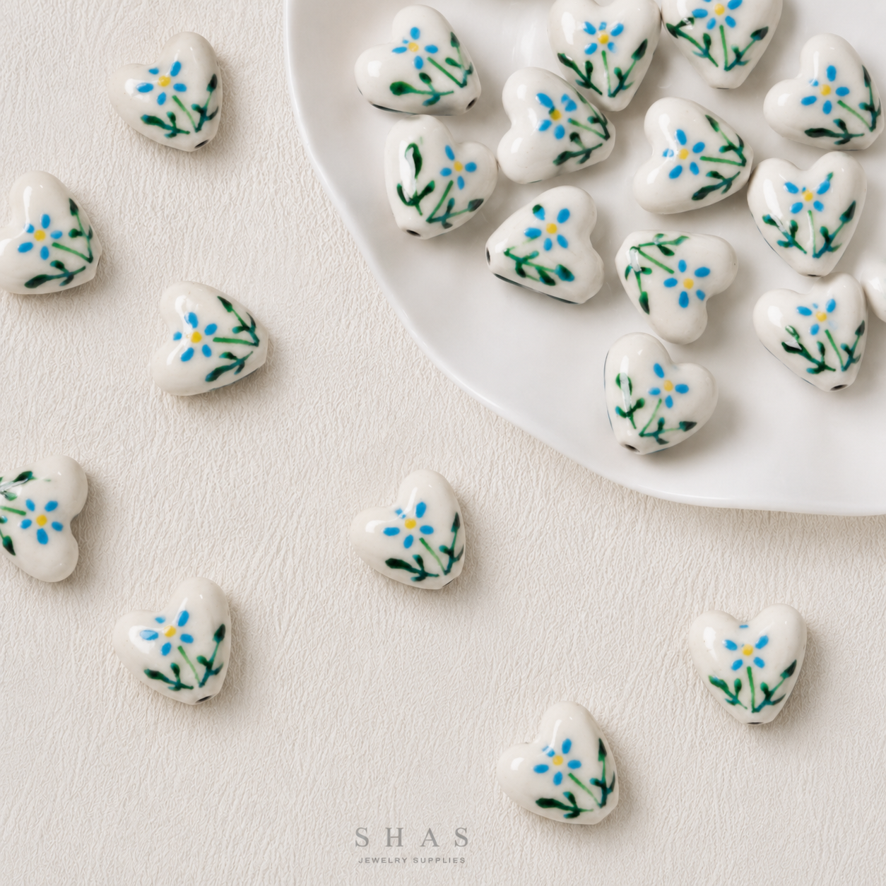 PCB02Q Blue Flower Heart Ceramic Bead ( 1 pc ) Porcelian Ceramic