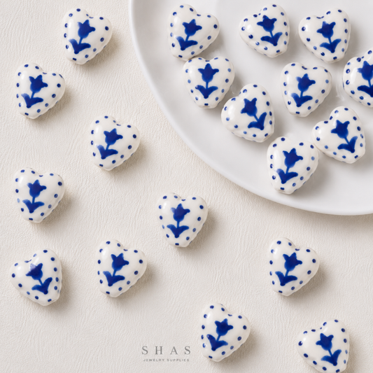 PCB02S Blue Tulip Heart Ceramic Bead ( 1 pc ) Porcelian Ceramic