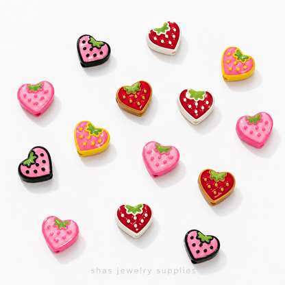 APB04  Strawberry Heart Alloy Printed Bead ( 1 pc )
