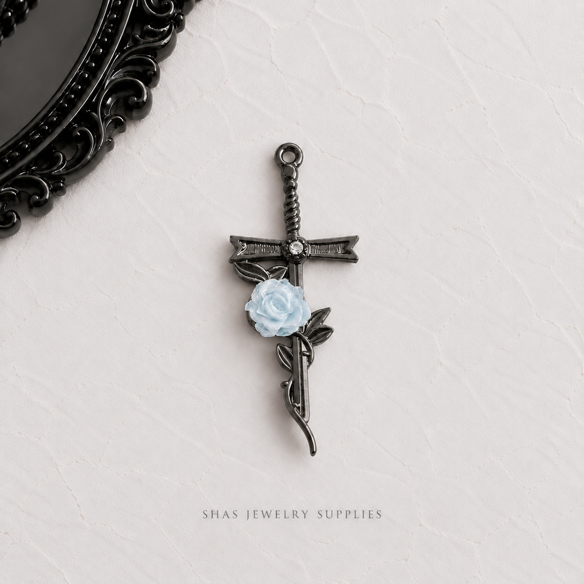 AC03K Blue Rose Cross Gothic Charm ( 1 pc ) High Quality Alloy