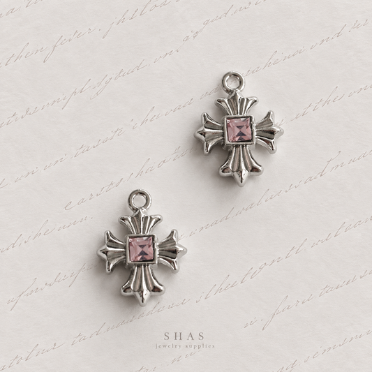 AC08 Pink Zircon Cross Y2K Alloy Charm ( 1 pc )