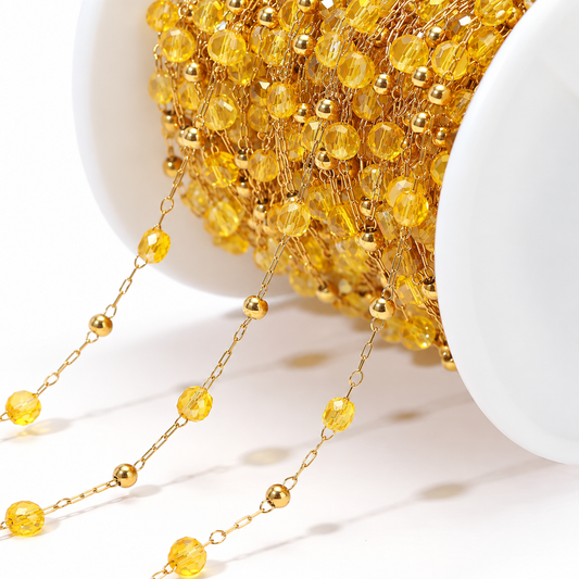 DIYS289 Yellow Transparent round crystal Handmade chain Gold ( 1 feet ) PVD Plated