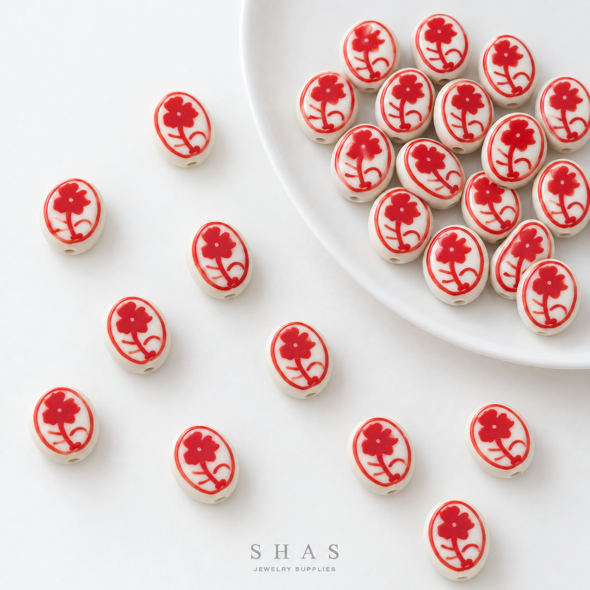 PCB25R Oval Hibiscus Hand-Painted Ceramic Bead ( 1 pc ) Porcelian Ceramic