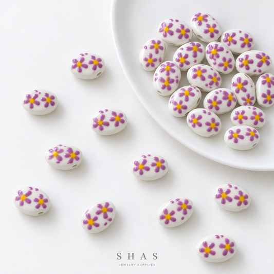 PCB26D Purplel Floral Hand-Painted Ceramic Bead ( 1 pc ) Porcelian Ceramic
